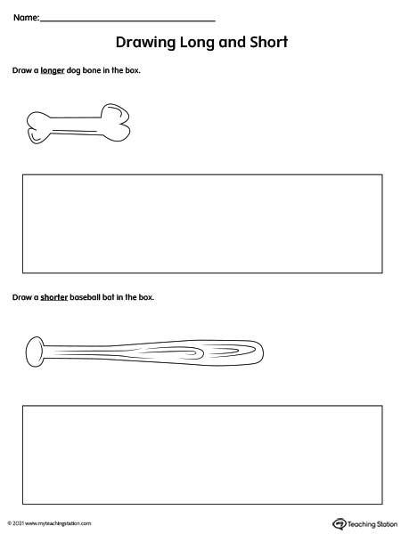 Identify long vs short by drawing the correct length of an object in this printable worksheet.