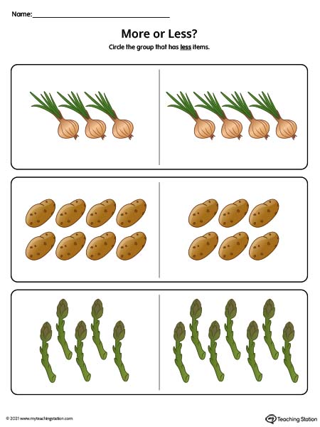 Comparing more or less worksheets for kids with pictures. Available in color.