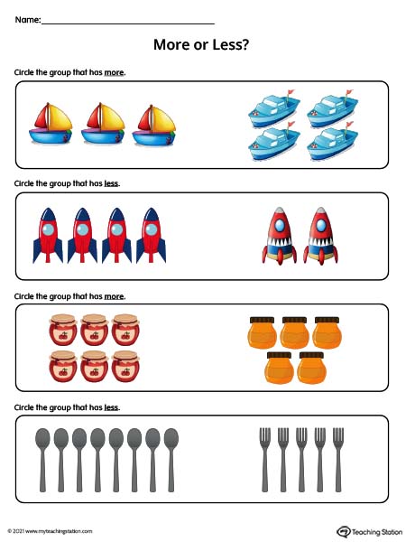 Compare more or less worksheets for Kindergarten. Available in color.