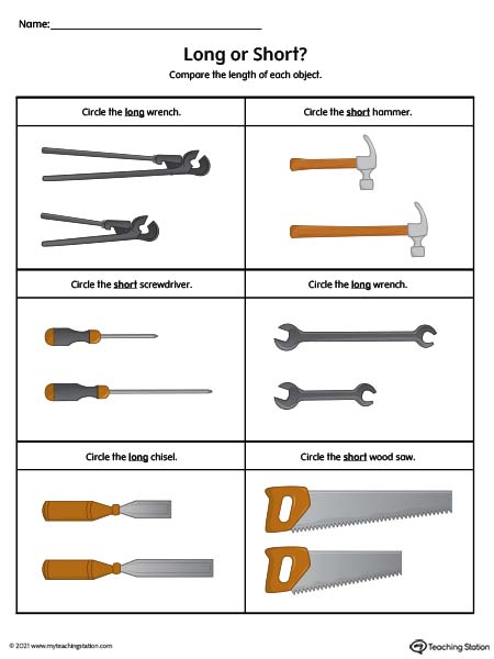 Comparing the length of objects - long or short worksheets for kids. Available in color.