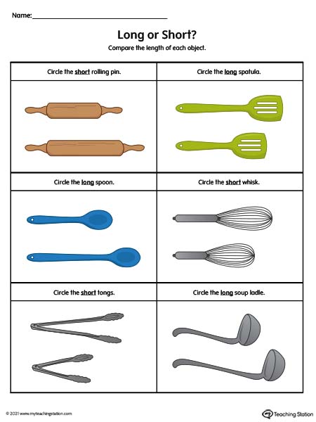 Pre-K length comparison worksheets. Compare long vs. short objects in this preschool printable worksheet. Available in color.