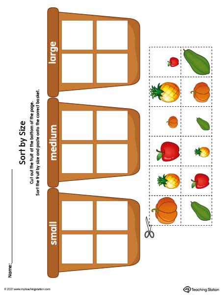 Sorting by size worksheet: Small, Medium, and Large. Help your preschooler learn about sizes by comparing objects in this pre-k math printable.