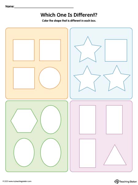 Kids use geometric shapes to compare which one is different in this printable worksheet.