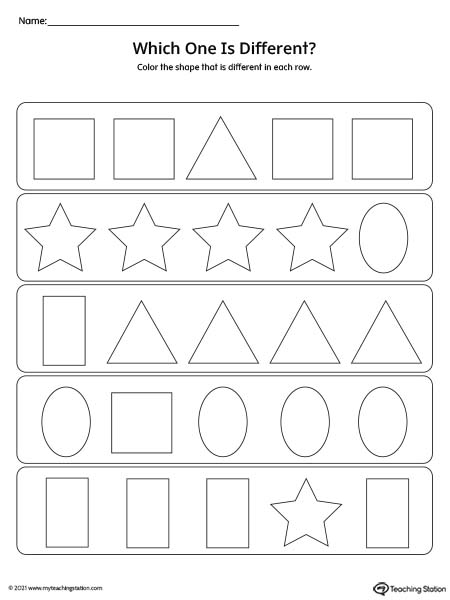 Practice comparing shapes to identify which one is different in this preschool printable.