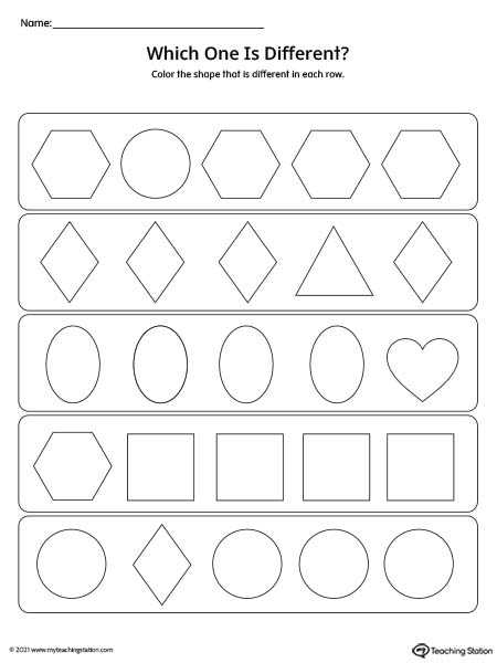 Finding the shape that does not match the others in this “which one is different” preschool worksheet.