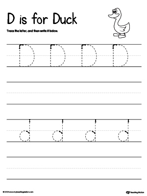 Practice writing uppercase and lowercase alphabet letter D in this printable worksheet.