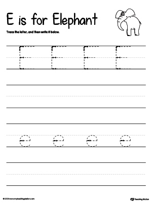Practice writing uppercase and lowercase alphabet letter E in this printable worksheet.