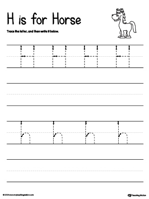 Practice writing uppercase and lowercase alphabet letter H in this printable worksheet.