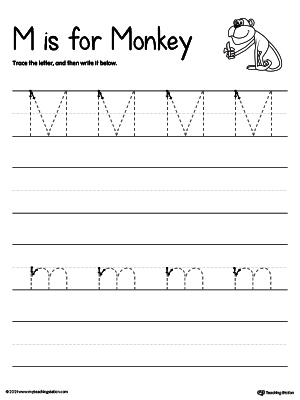 Practice writing uppercase and lowercase alphabet letter M in this printable worksheet.