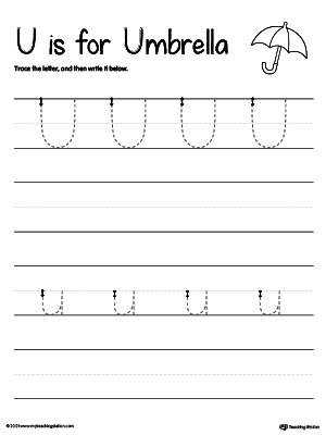 Practice writing uppercase and lowercase alphabet letter U in this printable worksheet.