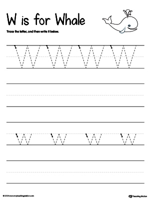 Practice writing uppercase and lowercase alphabet letter W in this printable worksheet.