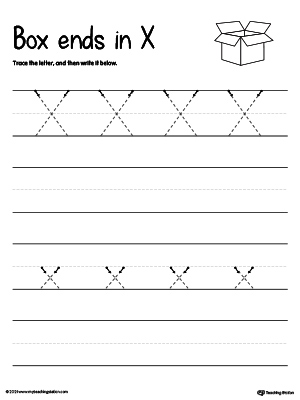 Practice writing uppercase and lowercase alphabet letter X in this printable worksheet.