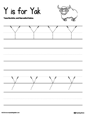 Practice writing uppercase and lowercase alphabet letter Y in this printable worksheet.